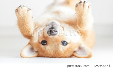 Adorable playful puppy lying on its back with paws in the air, showcasing its cute features and joyful personality, funny pet concept Adorable playful puppy lying on its back with paws in the air, showcasing its cute features and joyful personality, funny pet concept 125958631