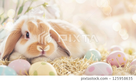 Adorable fluffy rabbit resting on colorful Easter eggs surrounded by straw in a bright and cheerful setting, perfect for springtime celebrations, cute pets concept Adorable fluffy rabbit resting on colorful Easter eggs surrounded by straw in a bright and cheerful setting, perfect for springtime celebrations, cute pets concept 125958635