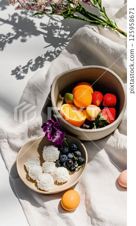 Easter picnic in a blooming spring garden featuring gluten-free treats and pastel eggs under golden light 125958671