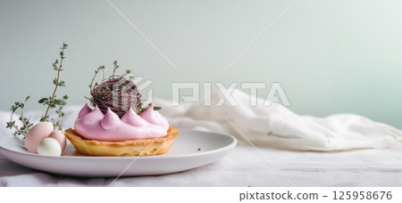 Delicate pastel dessert arrangement on a modern plate highlighting meringue, mousse, and a lemon tart 125958676