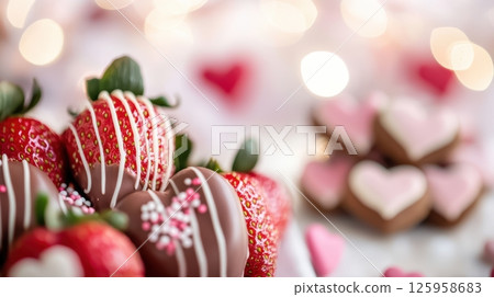 Chocolate dipped strawberries and heart cookies adorning rustic wooden surface, expressing romantic mood with soft focus background, celebrating love's sweetness 125958683