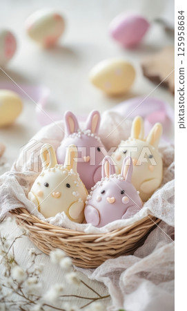 Pastel colored easter bunny cakes resting in woven basket, surrounded by decorative eggs and white blossoms, embodying springtime celebration 125958684