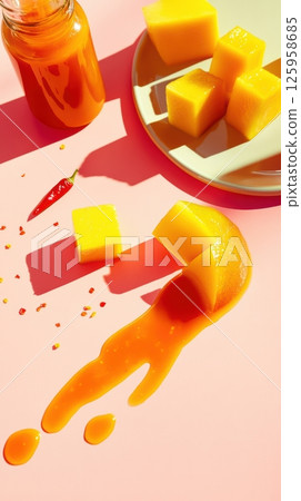 Bright pink backdrop highlighting fresh mango cubes, spicy sauce drizzling near chili pepper, presenting colorful culinary arrangement with dynamic sauce flow 125958685
