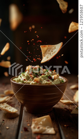 Creamy guacamole garnished with chili flakes resting in rustic ceramic bowl, pita bread partially levitating, creating vibrant appetizer composition 125958687