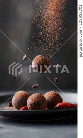 Luxurious chocolate truffles lightly dusted with cocoa, nestled beside fiery red chili peppers, representing gourmet flavor contrast and culinary artistry Luxurious chocolate truffles lightly dusted with cocoa, nestled beside fiery red chili peppers, representing gourmet flavor contrast and culinary artistry 125958701