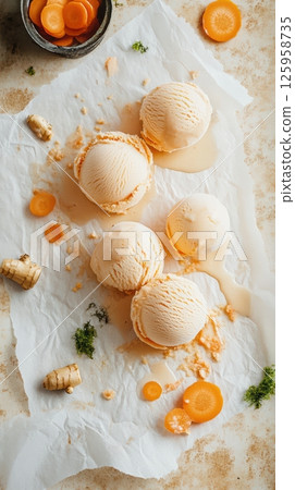 Carrot ginger ice cream scoops arranged in a structured pattern on parchment with scattered natural ingredients 125958735