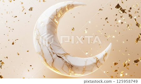 Luxurious Eid decor featuring a detailed crescent moon sculpture with gold accents and glowing ambiance 125958749