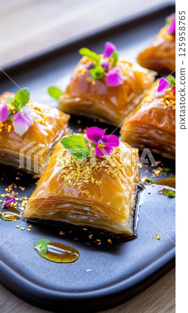Gourmet Eid dessert showcasing intricate detailing and vibrant colors with dramatic lighting in a beautifully arranged setting Gourmet Eid dessert showcasing intricate detailing and vibrant colors with dramatic lighting in a beautifully arranged setting 125958765