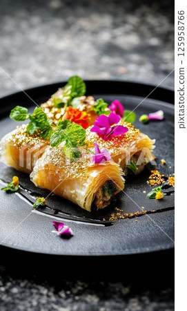 Gourmet Eid dessert dazzles with vibrant colors and textures, showcasing culinary artistry for a festive celebration 125958766