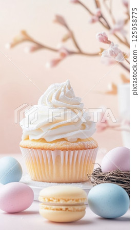 Gently falling powdered sugar over a fluffy vanilla cupcake surrounded by pastel Easter treats and delicate budding branches 125958775