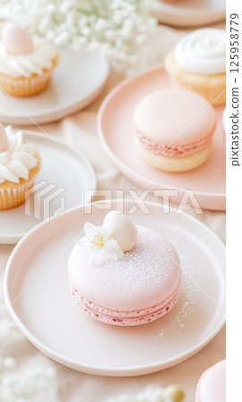 Delicate pastel-hued desserts arranged with minimalist elegance, showcasing refined tarts, airy macarons, and gluten-free cupcakes Delicate pastel-hued desserts arranged with minimalist elegance, showcasing refined tarts, airy macarons, and gluten-free cupcakes 125958779