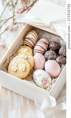 Elegant Easter gift box featuring artisanal sweets and handmade cookies with floral designs and chocolates on a neutral backdrop Elegant Easter gift box featuring artisanal sweets and handmade cookies with floral designs and chocolates on a neutral backdrop 125958788