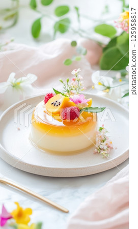 Delicate fruit jelly dessert with tropical hues placed on a matte ceramic plate surrounded by flowers and greenery Delicate fruit jelly dessert with tropical hues placed on a matte ceramic plate surrounded by flowers and greenery 125958817