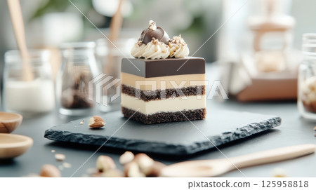 Modern nut-based dessert with layers of cream and dark chocolate on slate pedestal under soft and moody lighting Modern nut-based dessert with layers of cream and dark chocolate on slate pedestal under soft and moody lighting 125958818