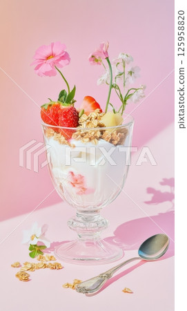 Nostalgic yogurt parfait styled with fresh fruit and granola in artisan glass Nostalgic yogurt parfait styled with fresh fruit and granola in artisan glass 125958820