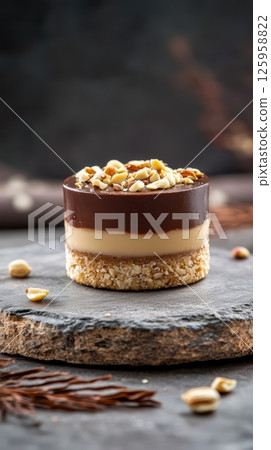 Elegant nutty cream dessert with glossy chocolate layer on rustic stone plate 125958822
