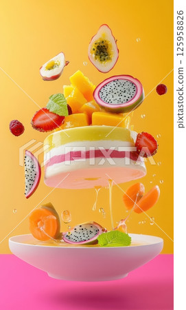 Colorful tropical layered fruit cake showcases bold flavors with vibrant garnishes in a dynamic presentation Colorful tropical layered fruit cake showcases bold flavors with vibrant garnishes in a dynamic presentation 125958826