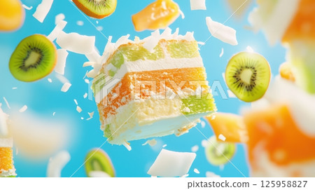 Deconstructed tropical fruit cake floating in the air with vibrant layers and surrounding fruit elements Deconstructed tropical fruit cake floating in the air with vibrant layers and surrounding fruit elements 125958827