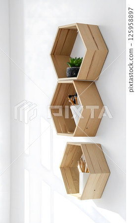 Three Modern Wooden Hexagonal Wall Shelves with Minimalist Decoration 125958897