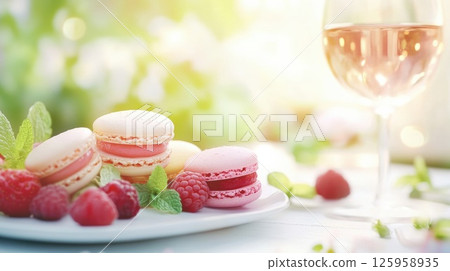 Colorful French Macaroons on a Plate Surrounded by Fresh Raspberries and Mint Leaves with a Glass of Rose Wine in a Bright Outdoor Setting  125958935