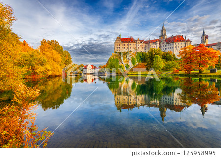 Sigmaringen, Germany. Charming autumn landscape with Danube River in Baden-Wurttemberg 125958995