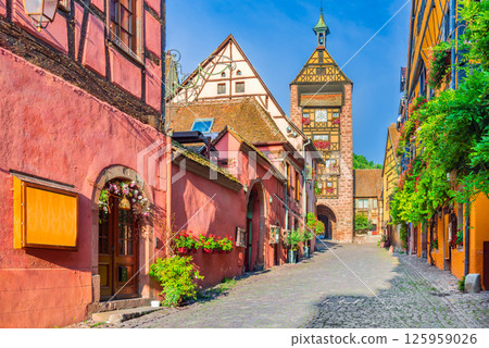Riquewihr is a medieval Alsace, France village with vineyards, history, and charm. Riquewihr is a medieval Alsace, France village with vineyards, history, and charm. 125959026