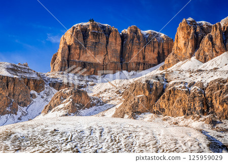 Sass Pordoi, South Tyrol - Italy Dolomites. Scenic plateau at 2,950 meters, offering panoramic views over Sella Group and Val Gardena, Trentino-Alto Adige travel destination. 125959029
