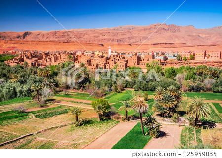 Tinghir, Morocco. Old berber architecture in Todra Valley and Oasis, Tagounsa village in Atlas Mountains. 125959035