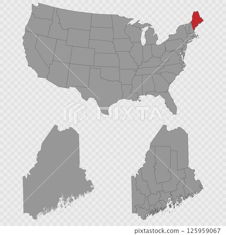 Maine map set with USA location, clean outline, and full county breakdown. Maine map set with USA location, clean outline, and full county breakdown. 125959067