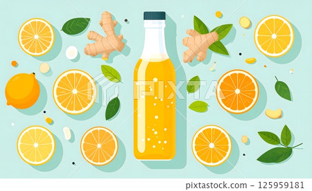 A bottle of juice is surrounded by oranges and other fruit 125959181