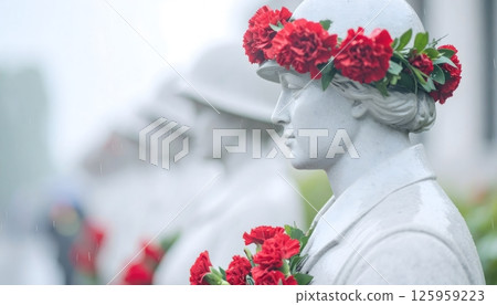 A statue of a woman wearing a red flower wreath 125959223