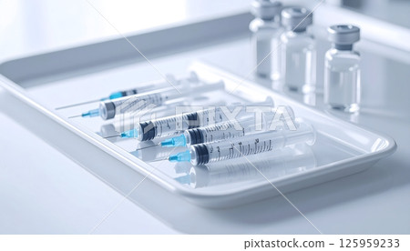 A tray of syringes and vials of medicine A tray of syringes and vials of medicine 125959233