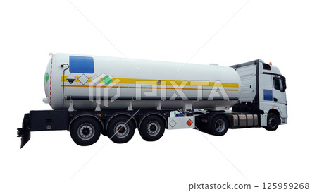 A large transport truck equipped with a tank for carrying liquefied ammonia and toxic chemicals is seen on a highway during daylight. Safety markings are visible on the tank's surface. A large transport truck equipped with a tank for carrying liquefied ammonia and toxic chemicals is seen on a highway during daylight. Safety markings are visible on the tank's surface. 125959268