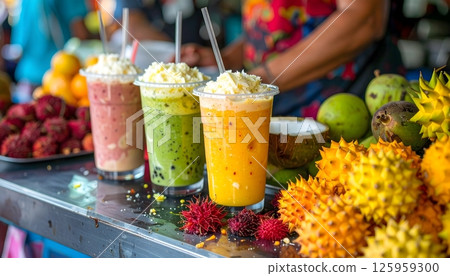 A table with three different colored drinks and a variety of fruits 125959300