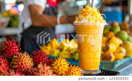 A man is making a drink with a straw in a glass 125959301