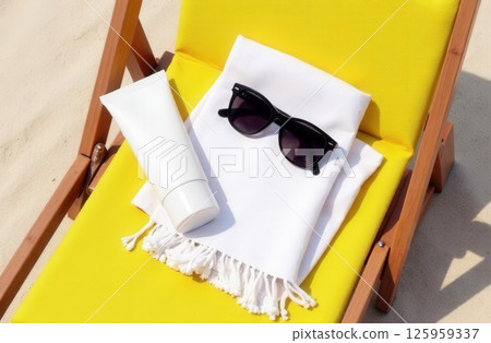A white tube of cream mockup, beach towel and sunglasses are lying on a sun lounger 125959337