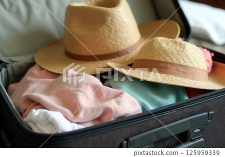 Travel suitcase with clothes and two straw hats for Family Leisure, close-up Travel suitcase with clothes and two straw hats for Family Leisure, close-up 125959339