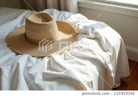 Beach Hat Lying On White Bedding In Room in the rays of the sun, Top View 125959340