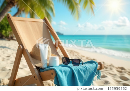 Tube and cream jar on beach chair next to towel, sunglasses and hat on seascape background, mockup Tube and cream jar on beach chair next to towel, sunglasses and hat on seascape background, mockup 125959362
