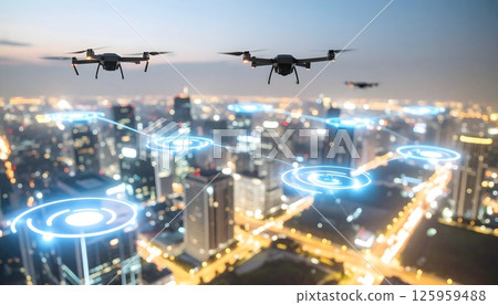 A cityscape with a group of drones flying over it 125959488
