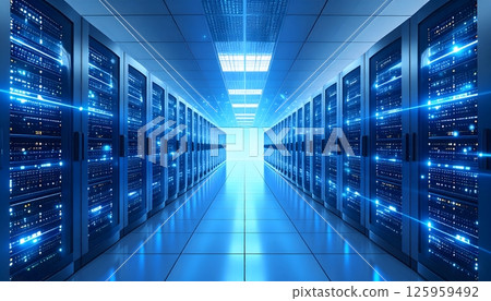 A long blue room with many computer servers 125959492