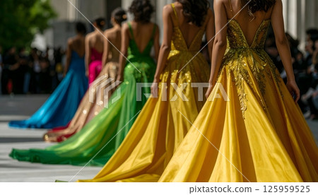 Elegant Female Models in Colorful Evening Gowns Stroll the Catwalk During the Day 125959525