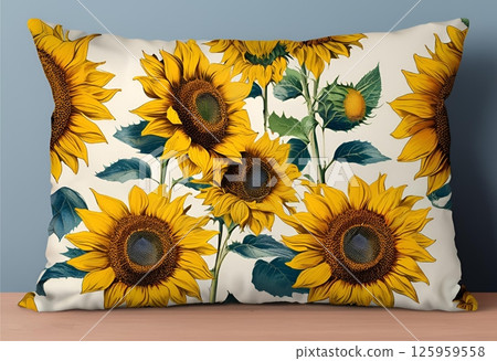 Sunflower-patterned pillow adds cheerful charm to decor.AI Generated 125959558
