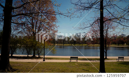 Benches inviting visitors to relax by the Constitution Gardens lake in Washington DC Benches inviting visitors to relax by the Constitution Gardens lake in Washington DC 125959707