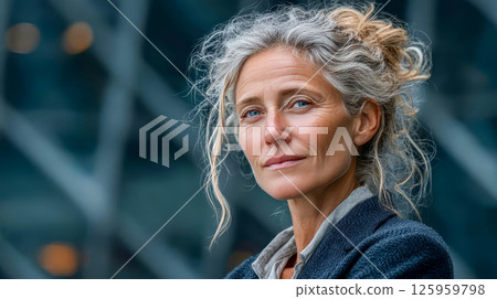 Confident middle aged businesswoman in elegant suit standing with arms crossed in modern glass office 125959798
