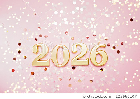 Holiday background Happy New Year 2026. Numbers of year 2026 made by gold candles on pink glitter background. celebrating New Year holiday, close-up. Space for text Holiday background Happy New Year 2026. Numbers of year 2026 made by gold candles on pink glitter background. celebrating New Year holiday, close-up. Space for text 125960107