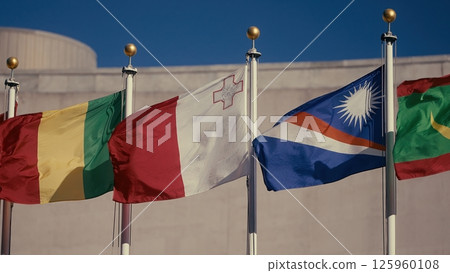Flags of different countries waving at the United Nations headquarters in New York Flags of different countries waving at the United Nations headquarters in New York 125960108