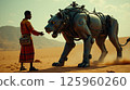 In a bright desert, a young inventor wearing a traditional dashiki interacts with a mechanical lion made from recycled technology. The scene captures a blend of creativity and cultural expression. 125960260