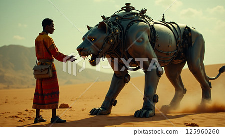 In a bright desert, a young inventor wearing a traditional dashiki interacts with a mechanical lion made from recycled technology. The scene captures a blend of creativity and cultural expression. In a bright desert, a young inventor wearing a traditional dashiki interacts with a mechanical lion made from recycled technology. The scene captures a blend of creativity and cultural expression. 125960260