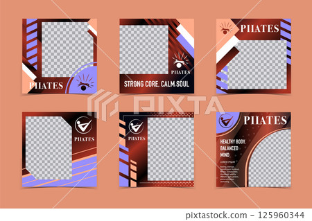 Pilates Photo Frame Templates. Square Layouts with Logo and Text for Fitness Branding and Social Media 125960344